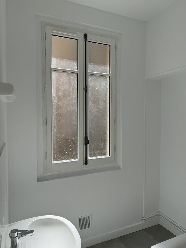 Remplacement fenêtres bois à l'identique dans un appartement haussmannien Paris 14e, vue intérieure d'une toilette.